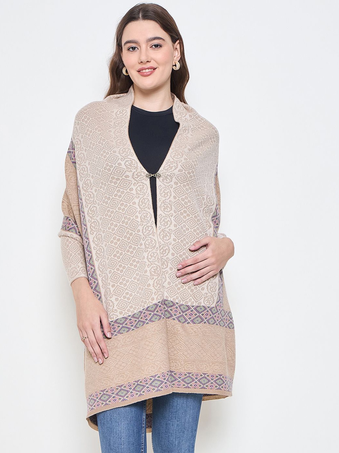 

Knitstudio Ethnic Motifs Woven Design Knitted Shawl, Camel brown
