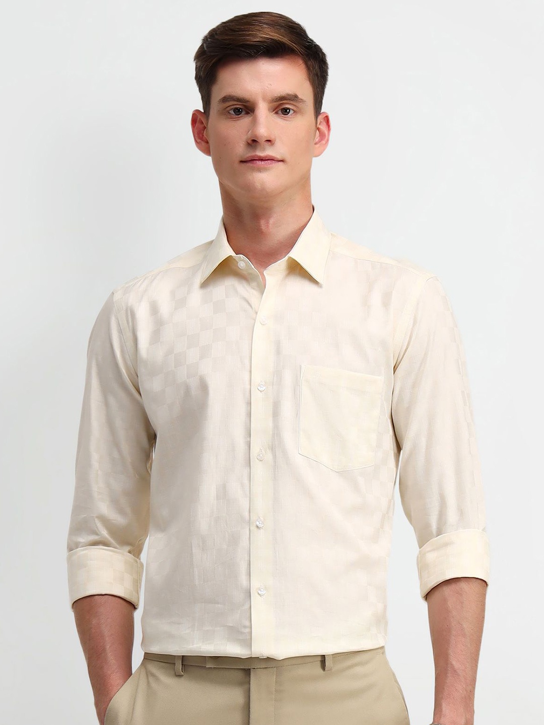 

Arrow Men Manhattan Spread Collar Gingham Checked Cotton Slim Fit Casual Shirt, Yellow