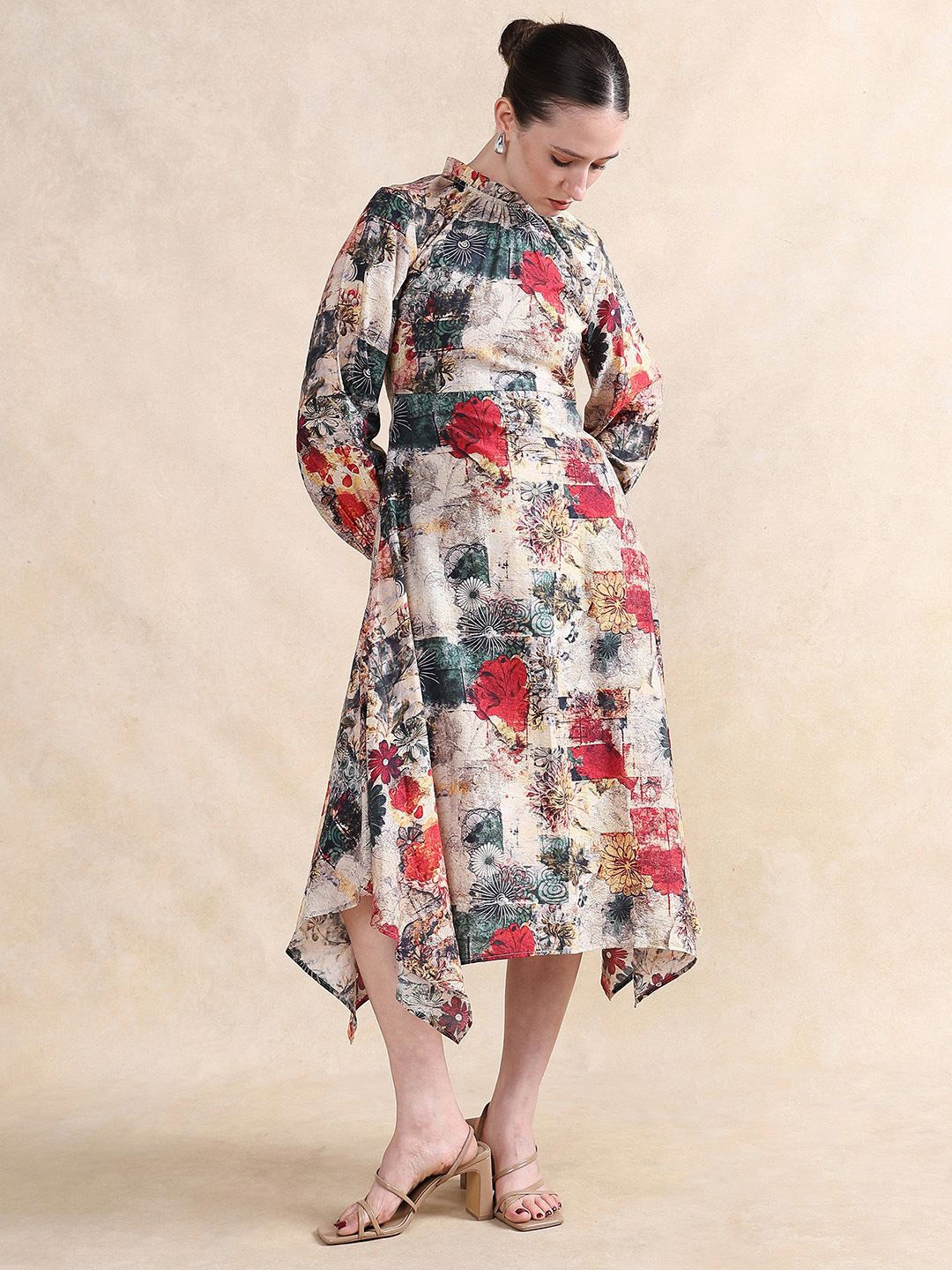

RAREISM Floral Print A-Line Midi Dress, Cream