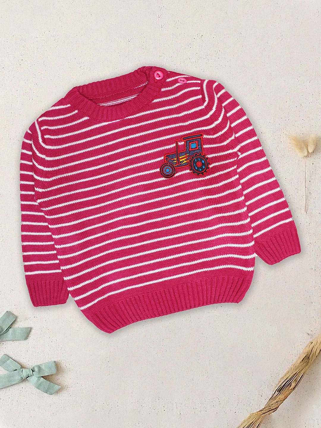 

CHKOKKO Girls Striped Woollen Pullover, Magenta