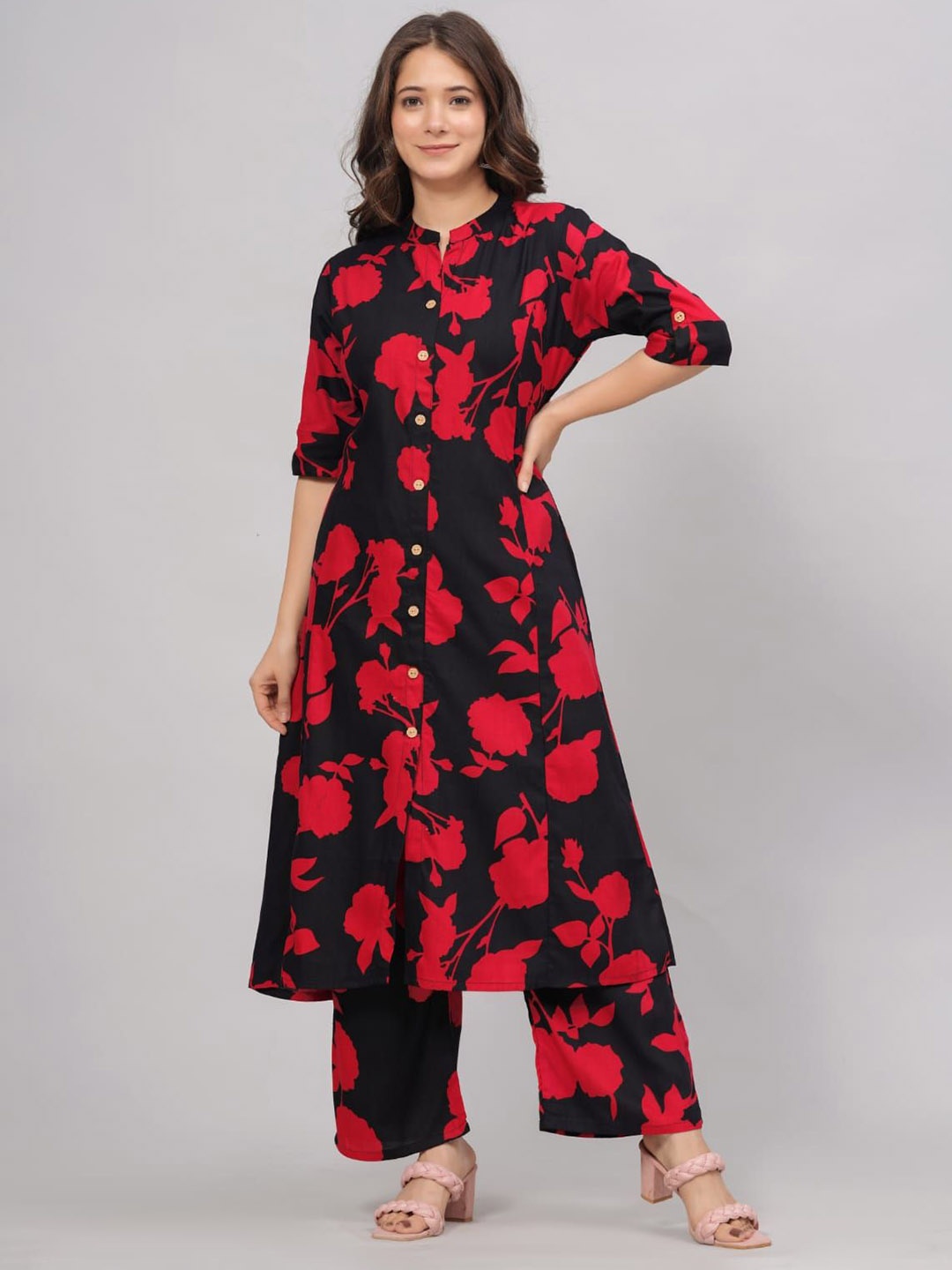 

MILAAV Floral Printed Mandarin Collar A Line Kurta with Trousers, Red