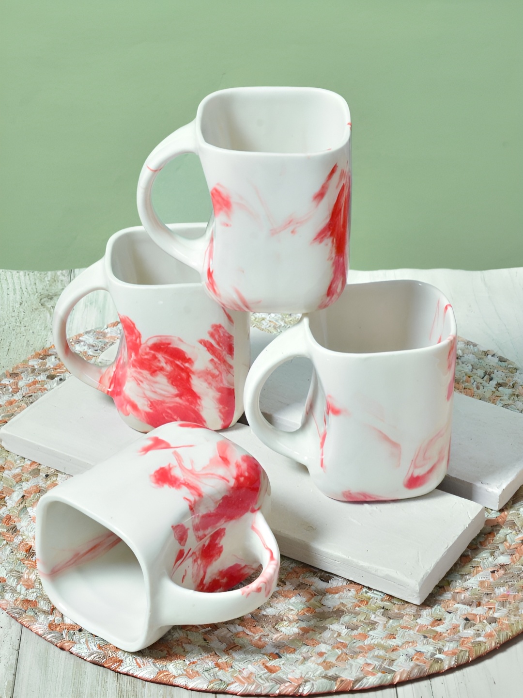 

FABINALIV White & Red 4 Pieces Abstract Printed Ceramic Glossy Mugs 310 ml each