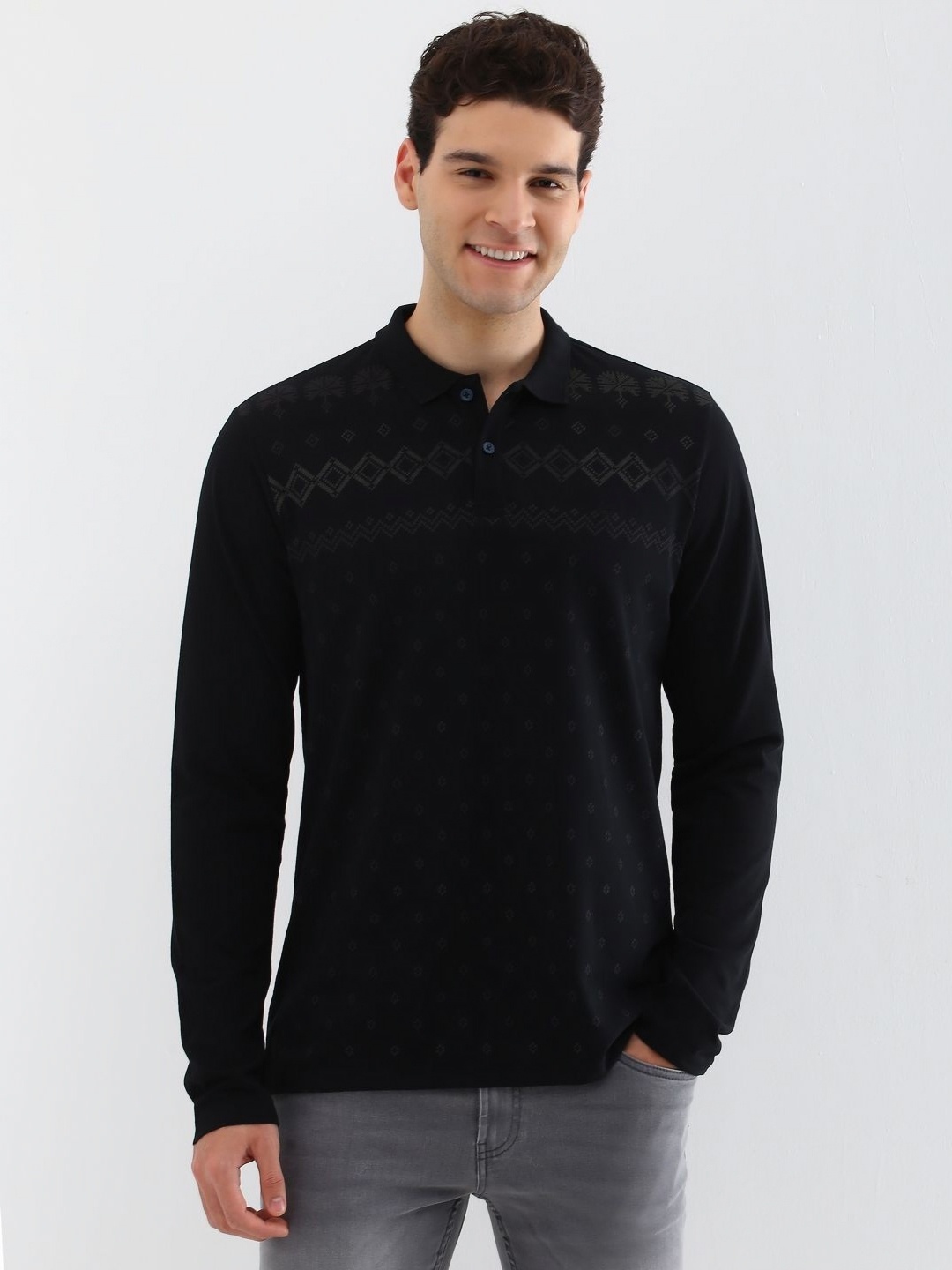 

Allen Solly Men Geometric Printed Polo Collar Cotton T-shirt, Black