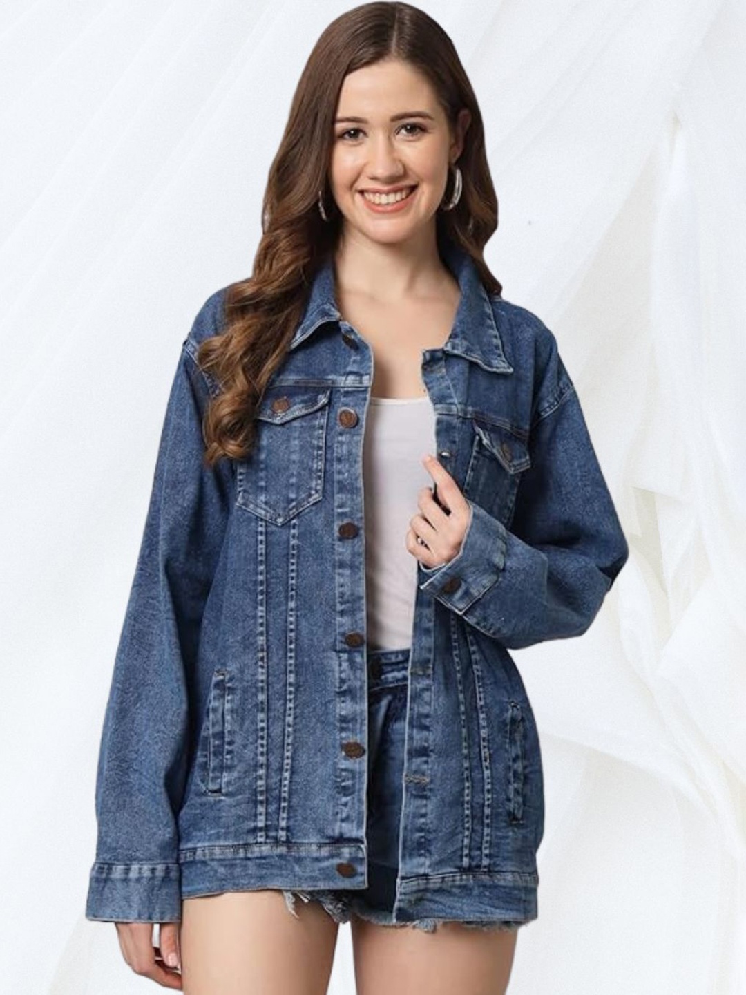 

Funday Fashion Women Spread Collar Washed Self Design Casual Denim Jacket, Blue