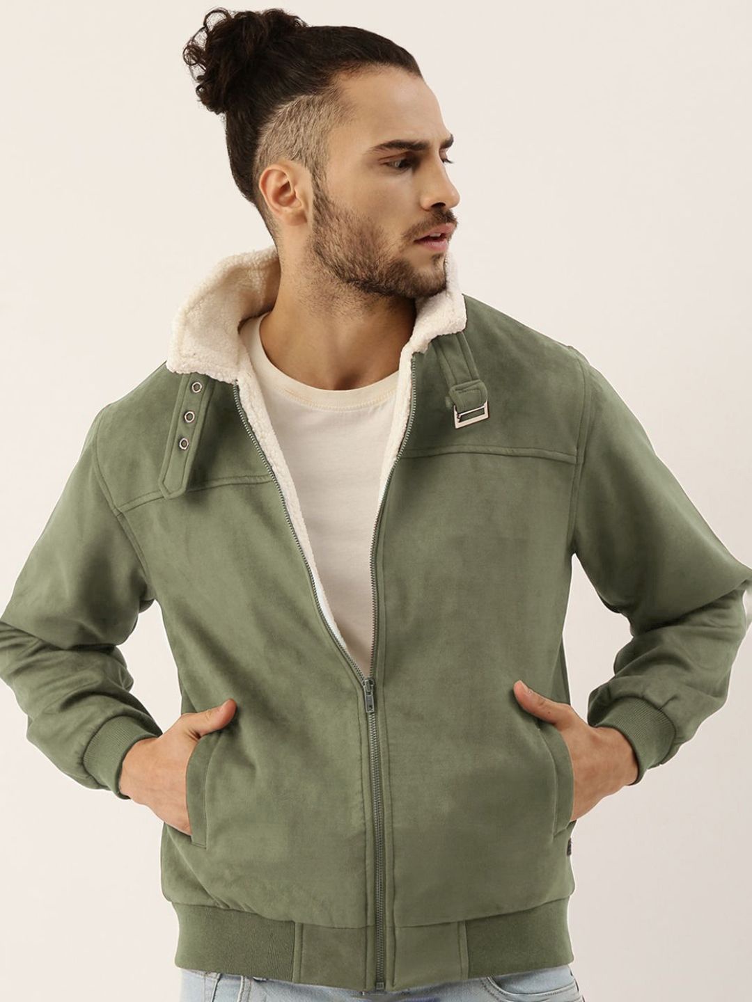 

Campus Sutra Men Mock Collar Solid Casual Bomber Jacket, Green