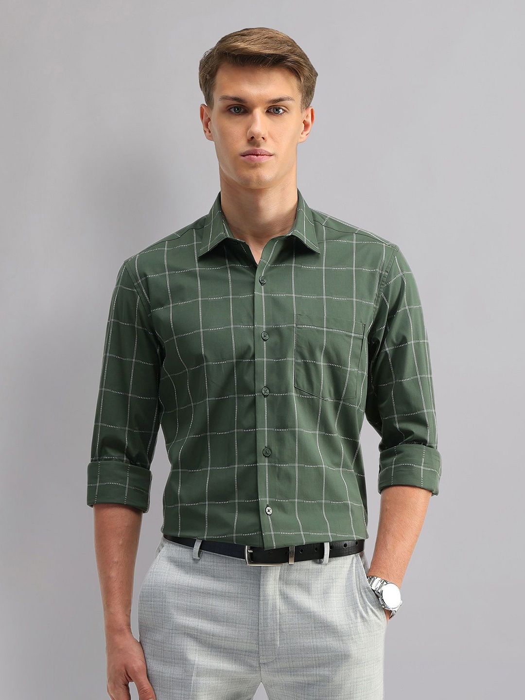 

AD By Arvind Men Spread Collar Checked Cotton Slim Fit Casual Shirt, Green