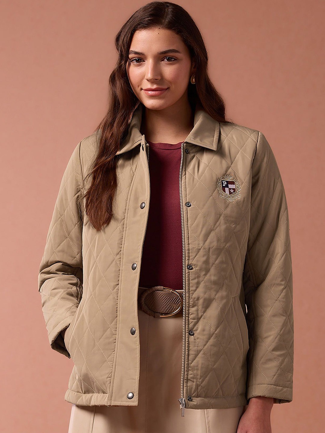 

U.S. Polo Assn. Women Spread Collar Solid Casual Quilted Jacket, Beige