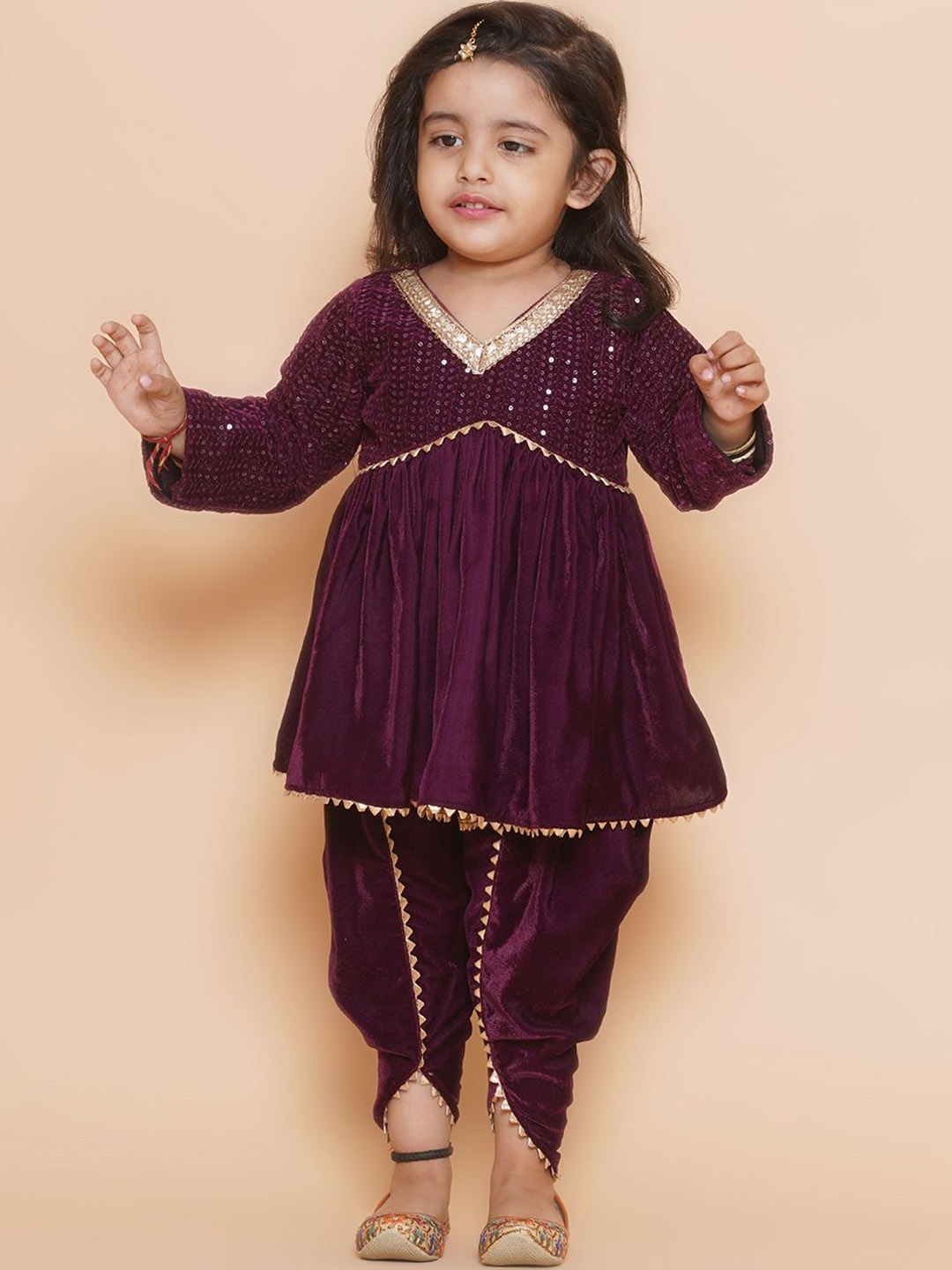 

BAESD Girls Yoke Design Empire Sequinned Velvet Kurta With Dhoti Pant, Burgundy