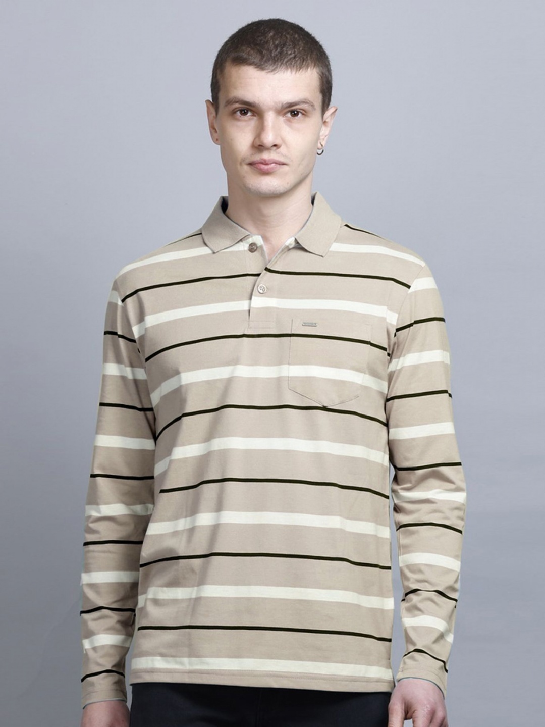 

GODFREY Men Striped Polo Collar Cotton T-shirt, Beige