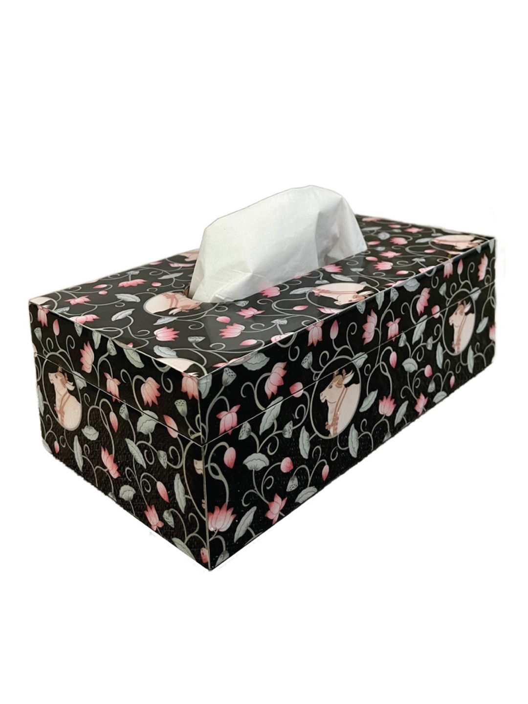 

MAATIR DESIGNS Black & Pink Printed Wooden Tissue Holder