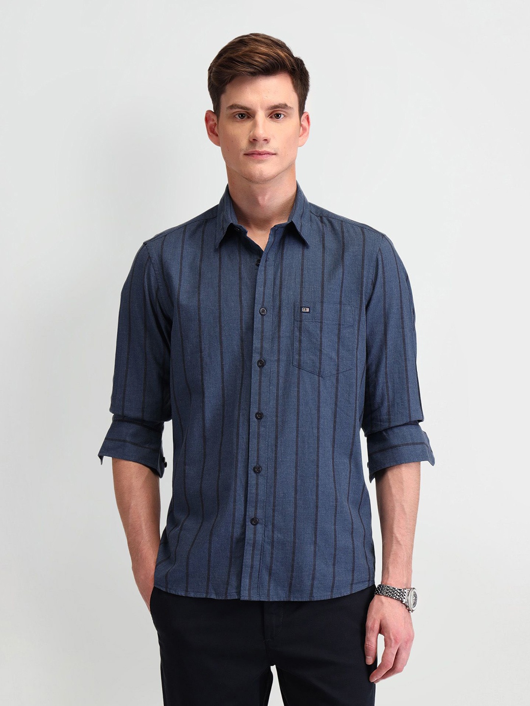 

Arrow Sport Men Classic Tailored Fit Opaque Striped Casual Shirt, Navy blue