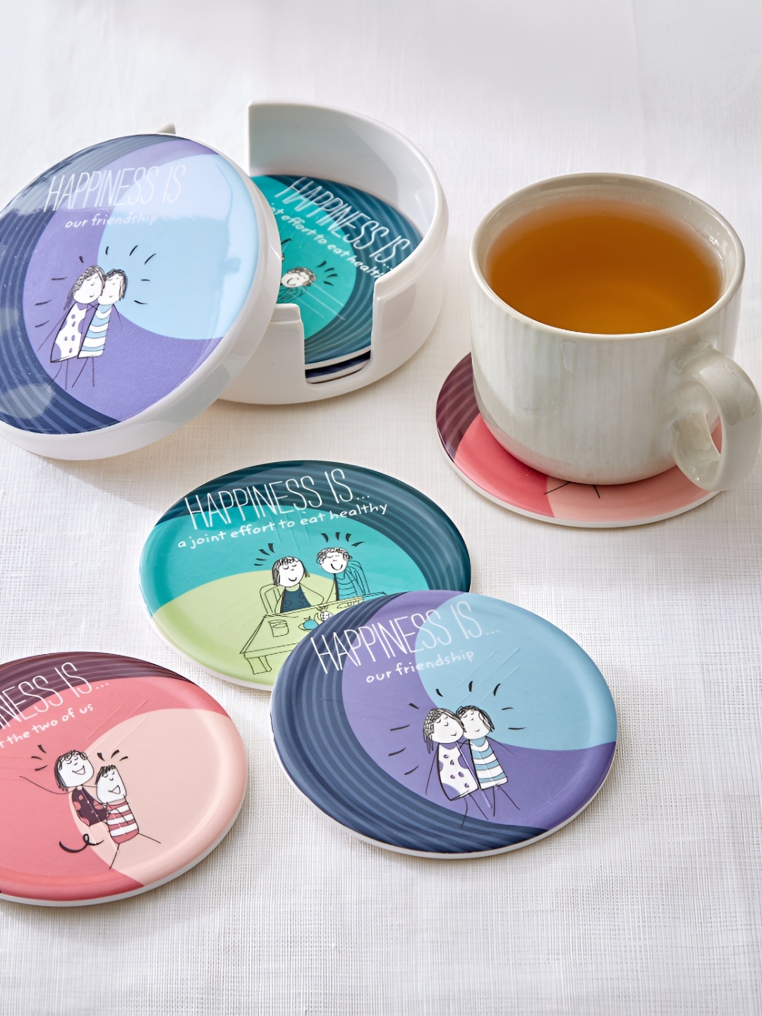 

Home Centre Melina Pink & Green 6 Pieces Happiness Printed Melamine Coasters With Holder