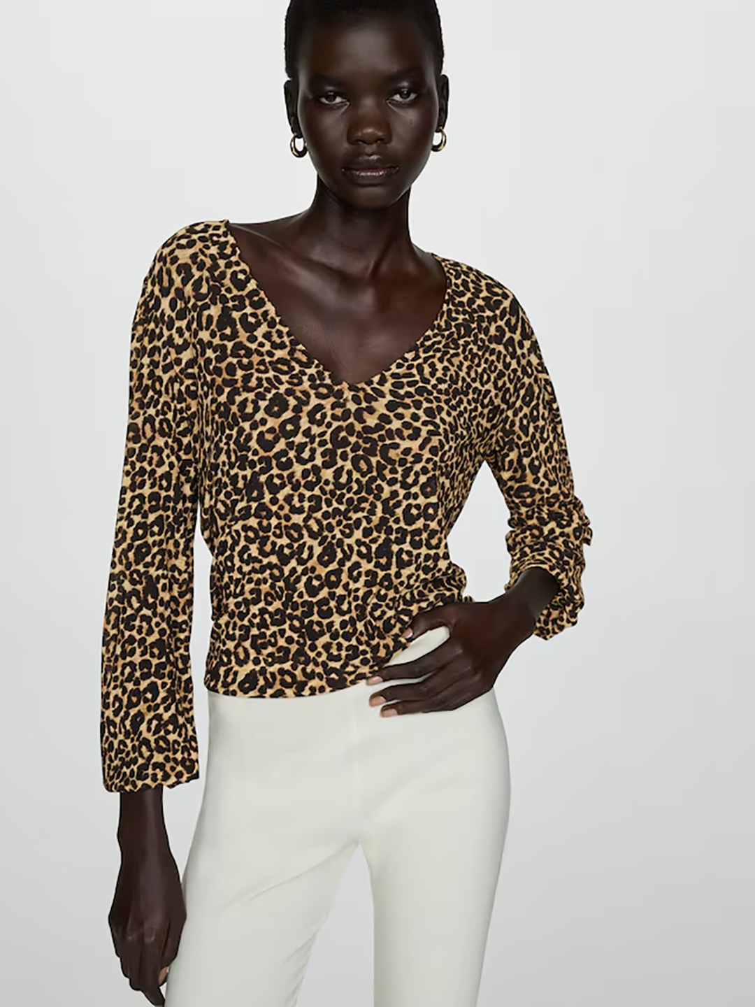 

MANGO Animal Print Top, Beige