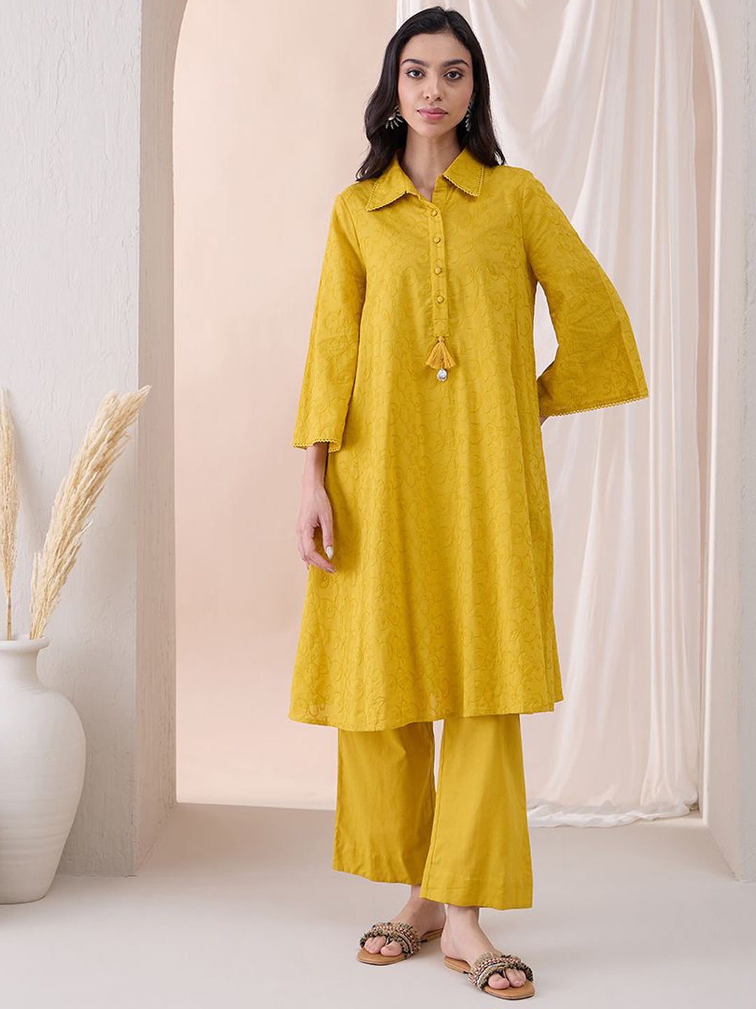 

FEMMELLA Embroidered Pure Cotton Tunic With Trousers Co-Ords, Mustard