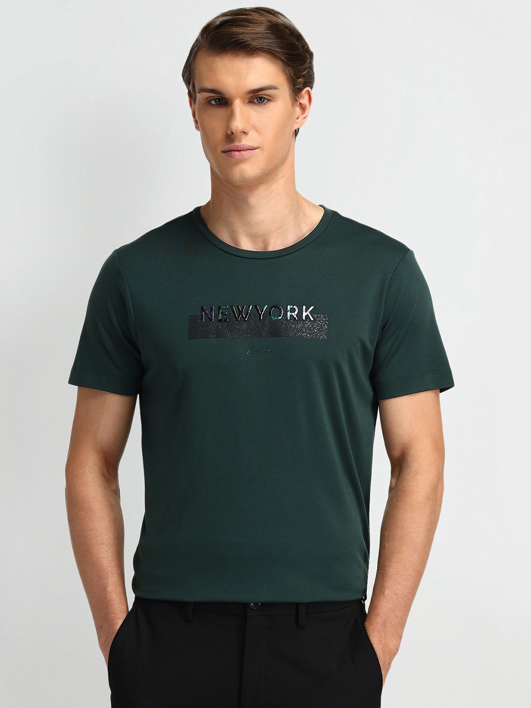 

Arrow New York Men Typography Printed Round Neck Cotton T-shirt, Green