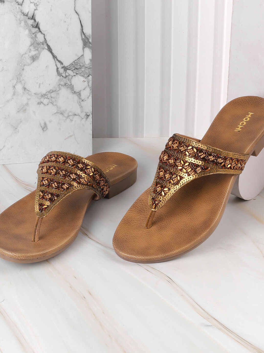 

Mochi Women Ethnic T-Strap Flats, Taupe