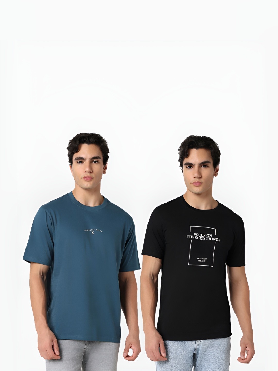 

R&B Men Pack Of 2 Typography Printed Round Neck Cotton T-shirts, Teal