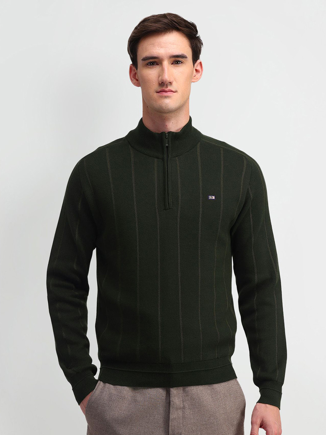 

Arrow Sport Men Striped Mock Collar Cotton Pullover Sweaters, Olive