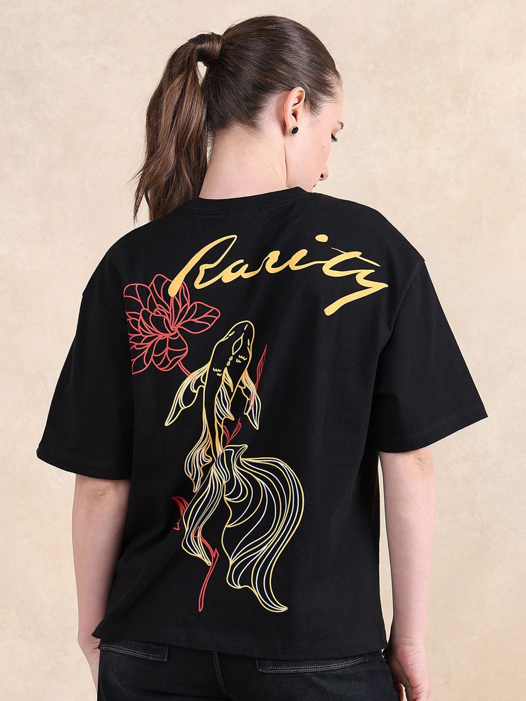 

RAREISM Women Graphic Printed Round Neck Cotton Oversized T-shirt, Black