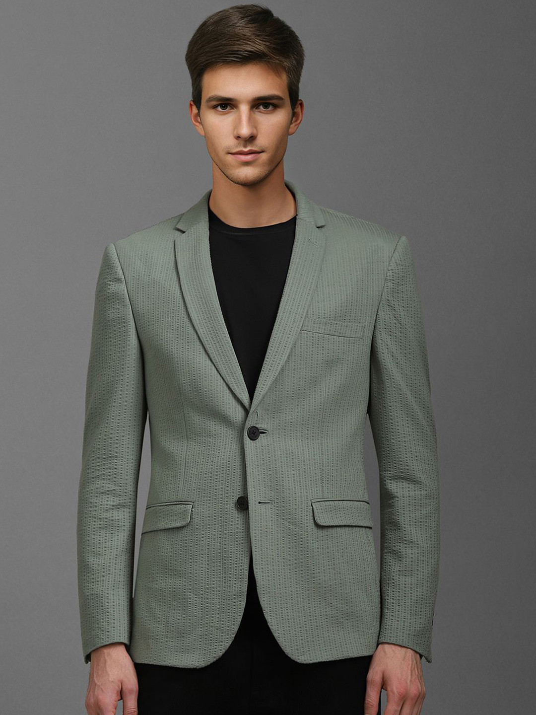 

Louis Philippe Sport Self Design Super Slim Fit Pure Cotton Single Breasted Casual Blazer, Olive