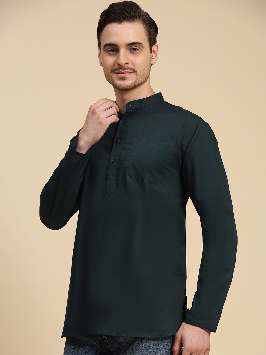 

SKAVIJ Band Collar Cotton Short Straight Kurta, Green