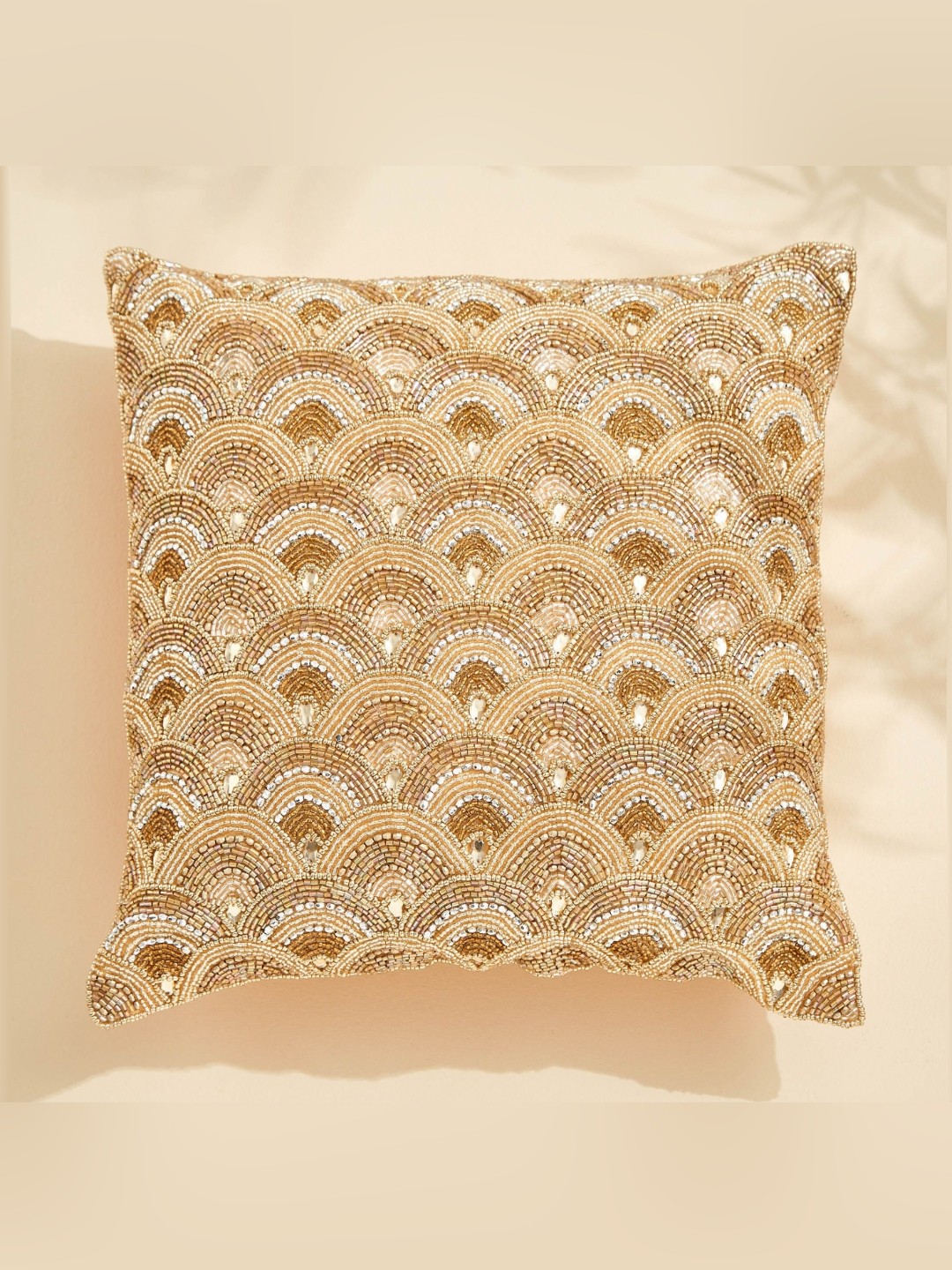 

Home Centre Beige & Silver Toned Beaded Embellished Square Cushion Cover