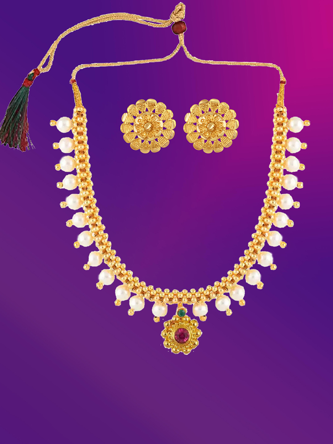 

Lila Gold-Plated Stone-Studded & Beaded Jewellery Set