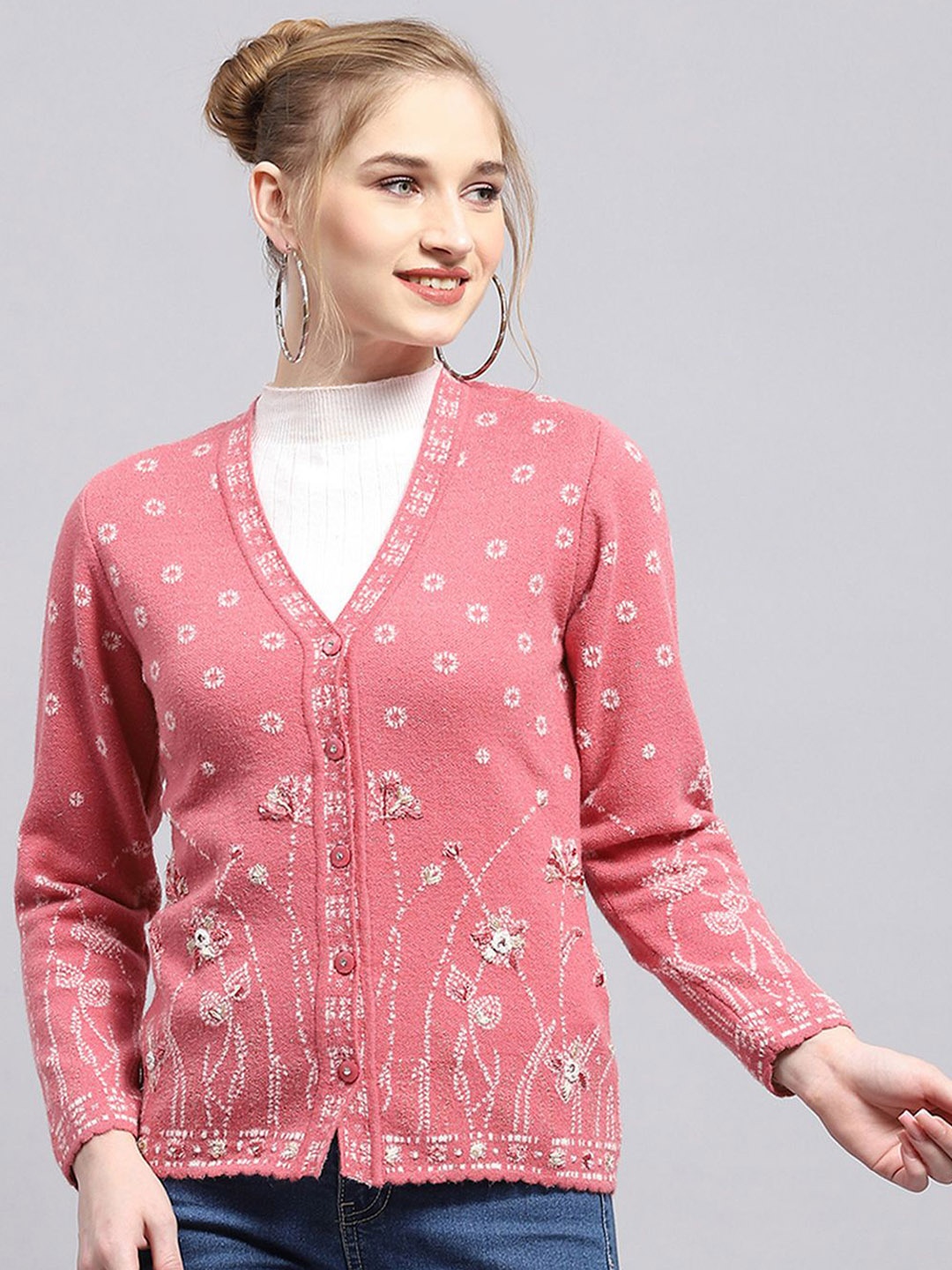 

Monte Carlo Women Floral Woollen Cardigan with Embroidered Detail, Pink