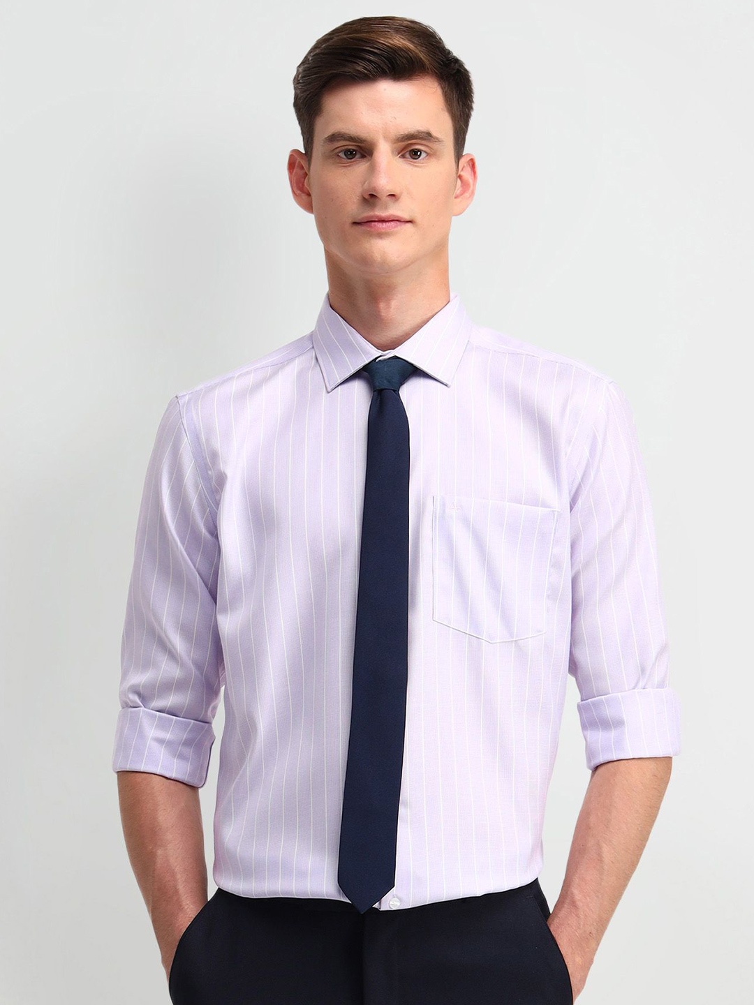 

Arrow Men Classic Spread Collar Vertical Striped Cotton Formal Shirt, Lavender