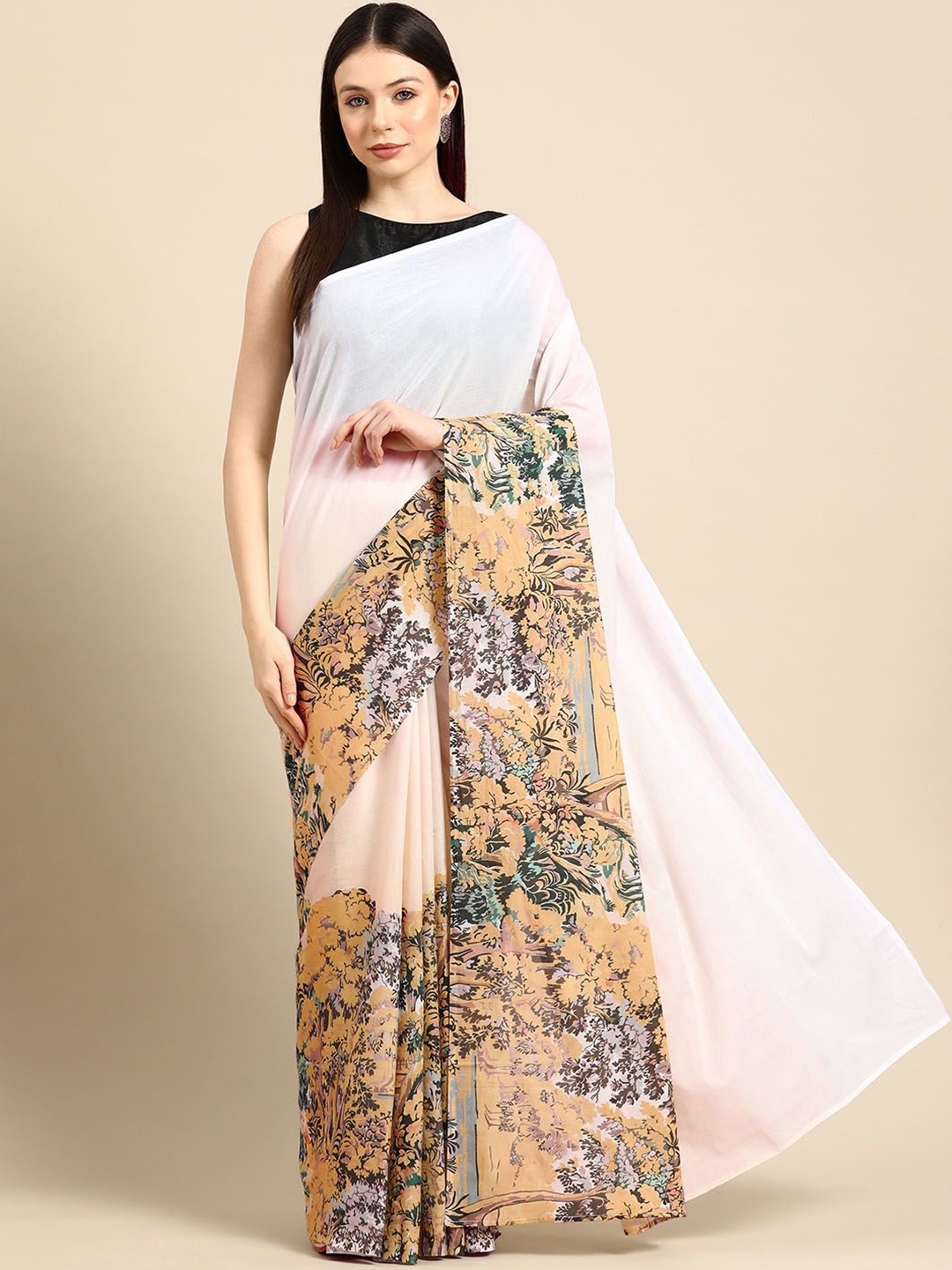 

BUTA BUTI Floral Pure Cotton Saree, Beige