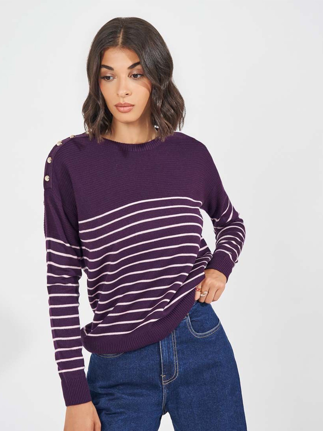 

Styli Women Striped Pullover Sweaters, Purple