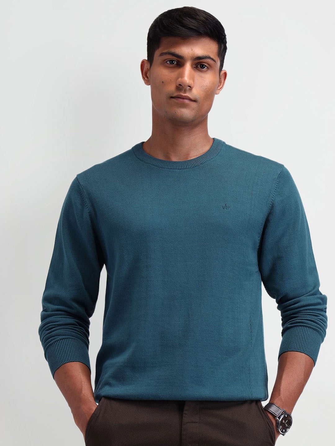 

Arrow Men Long Sleeves Round Neck Cotton Pullover Sweaters, Teal