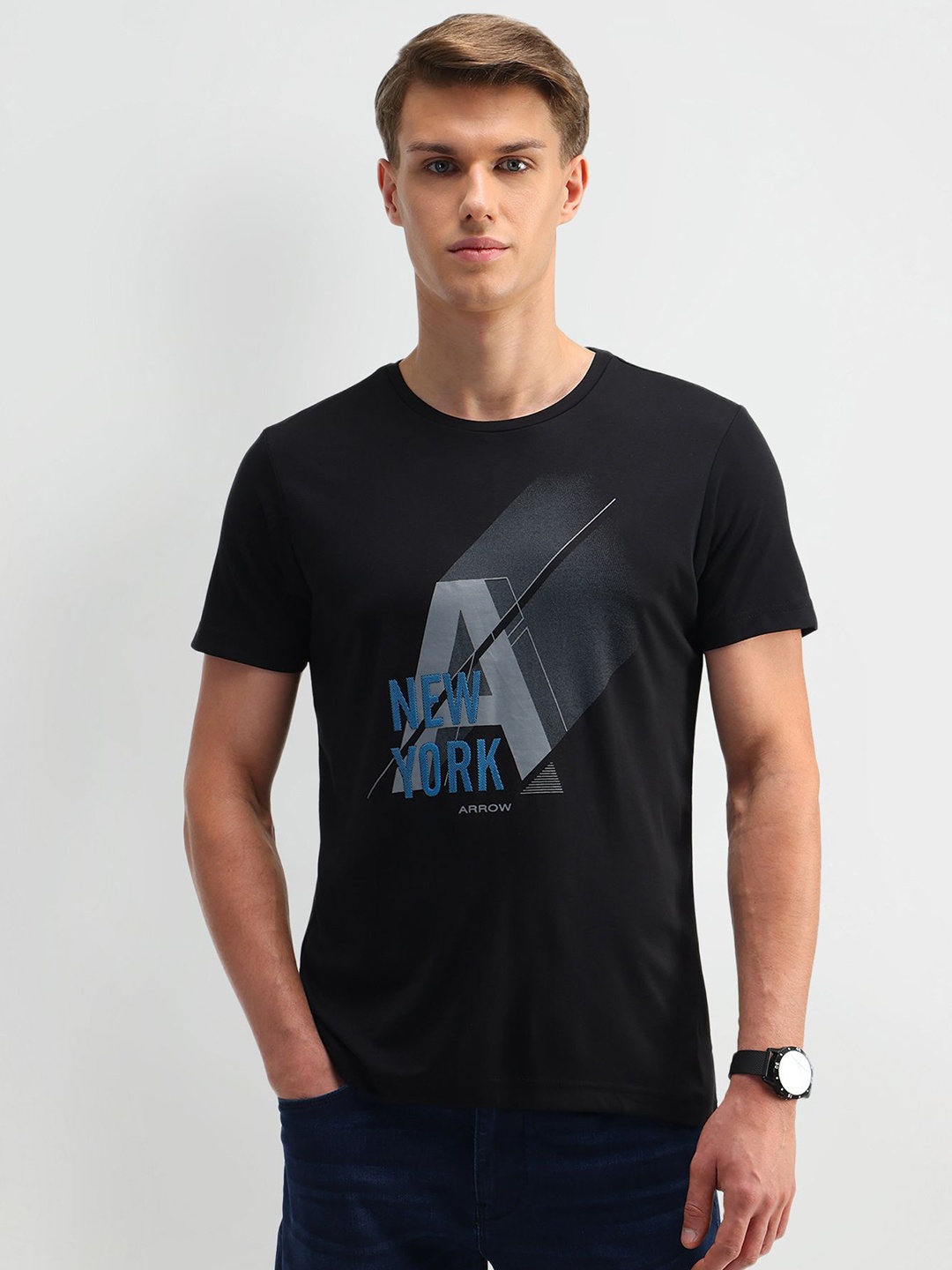 

Arrow New York Men Typography Printed Round Neck Cotton T-shirt, Black