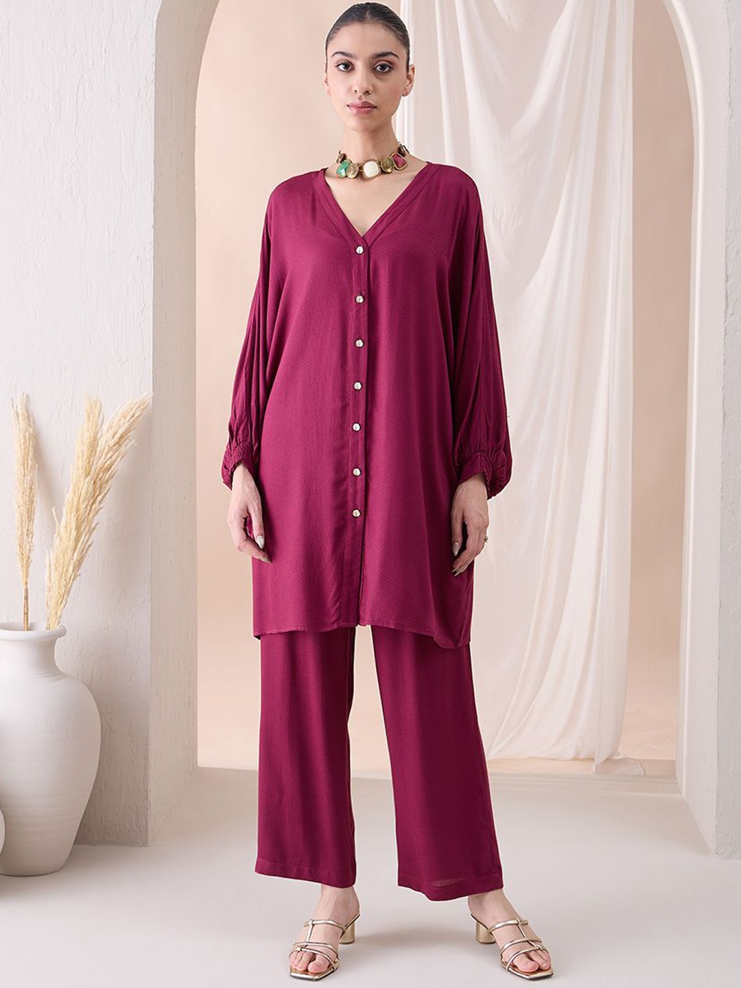 

FEMMELLA Kimono Sleeves V-Neck Tunic With Trousers Co-Ords, Maroon