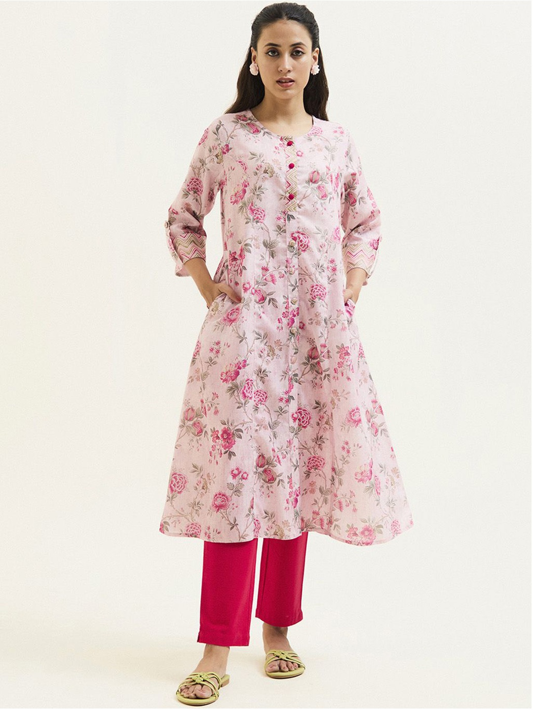 

Jaipur Kurti Floral A-line Kurta, Pink