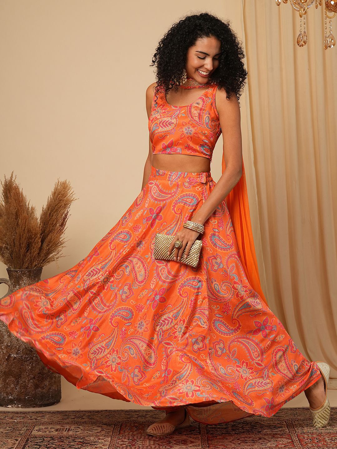 

Globus Paisley Printed Sequinned Lehenga With Blouse and Dupatta, Orange