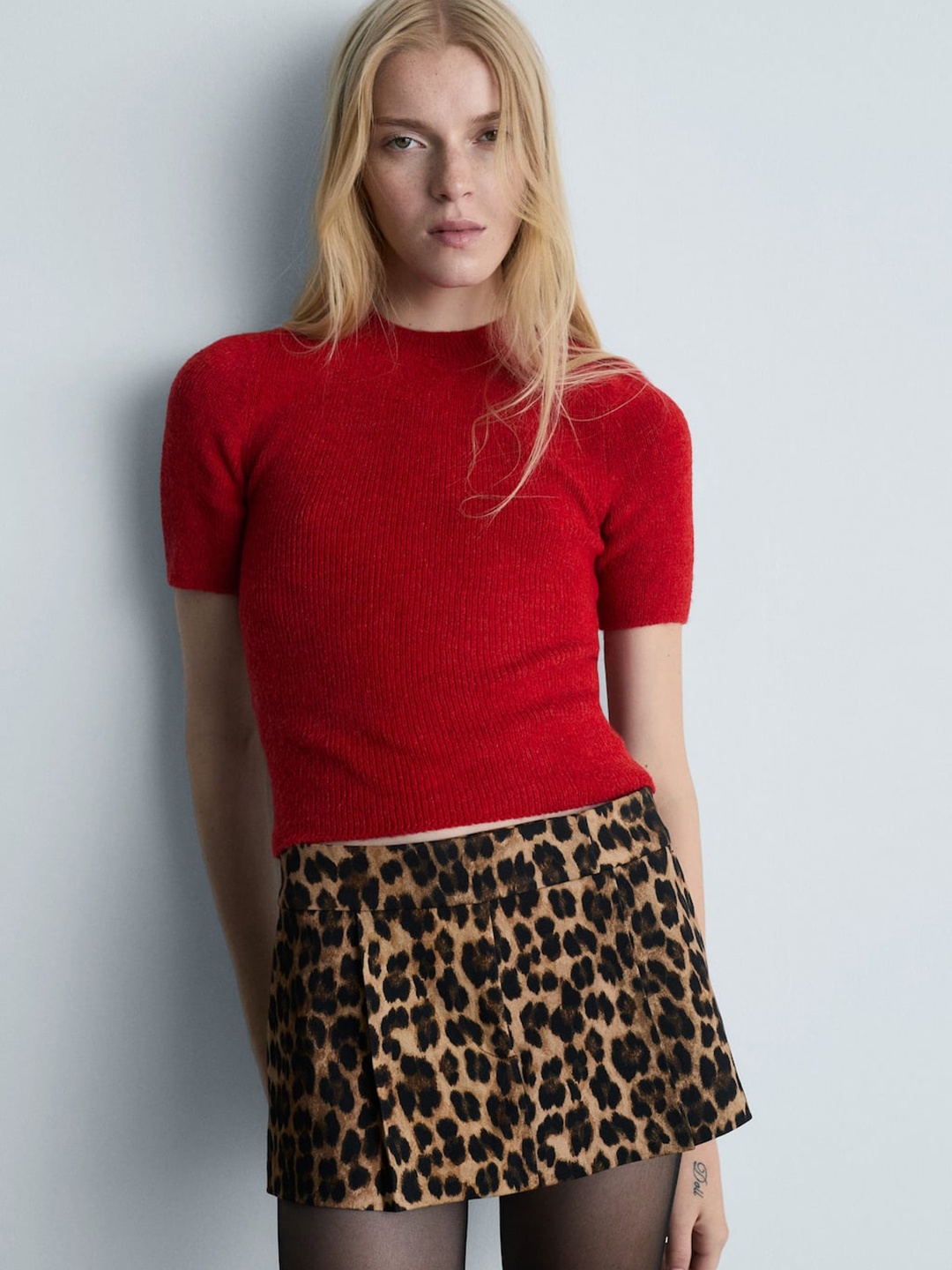 

MANGO Ribbed Short-Sleeve Pullover, Red