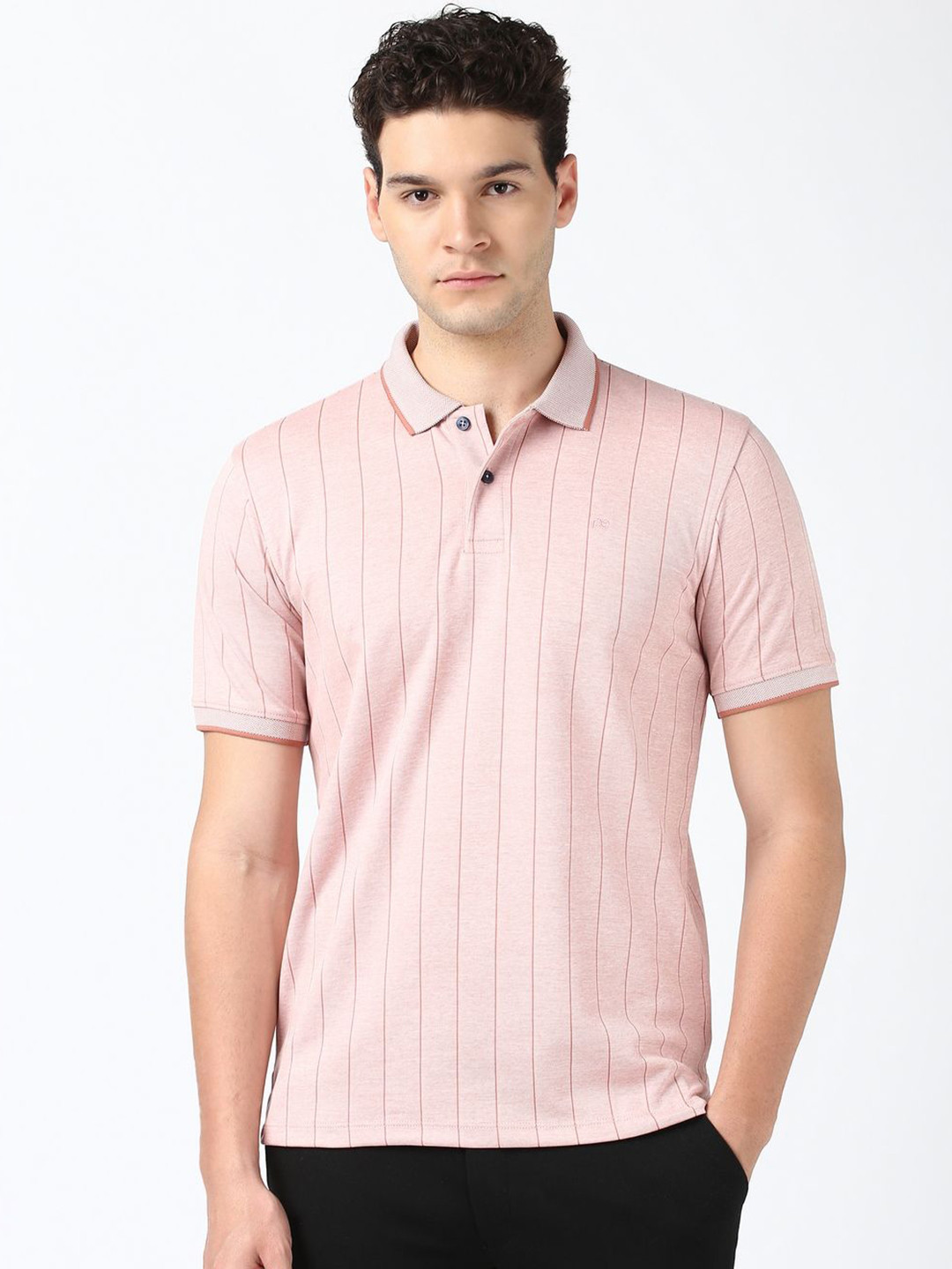 

Peter England Men Striped Polo Collar Cotton T-shirt, Peach