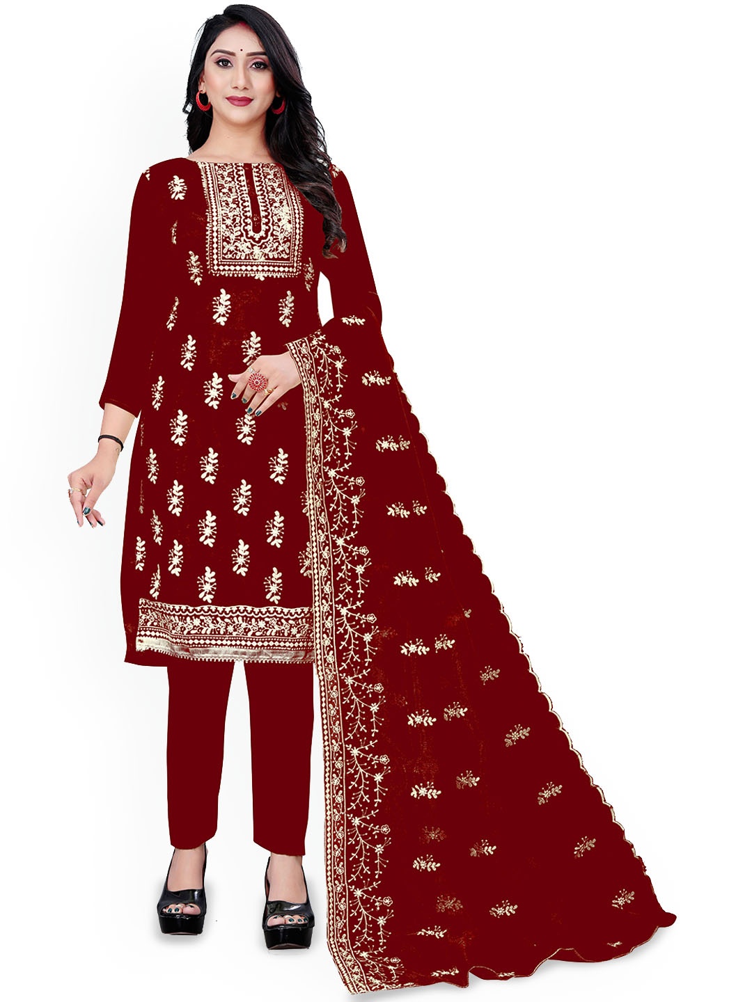 

Maroosh Ethnic Motifs Embroidered Organza Unstitched Dress Material, Maroon