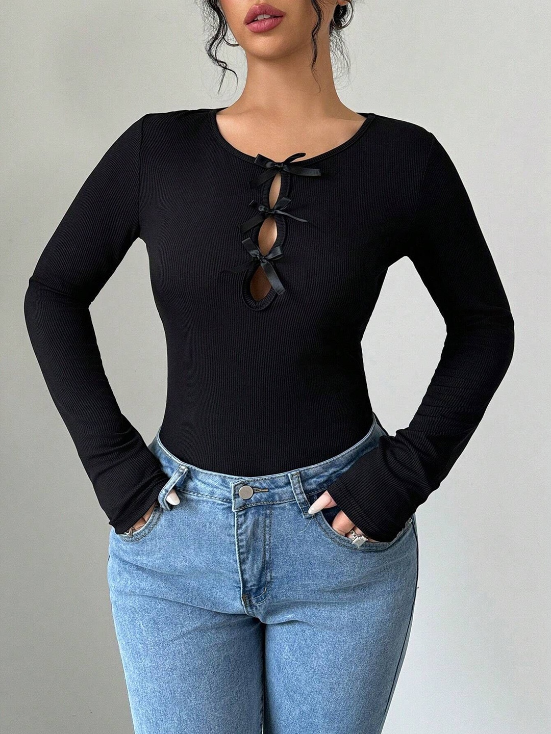 

HERE&NOW Women Round Neck Bow Detailed Top, Black