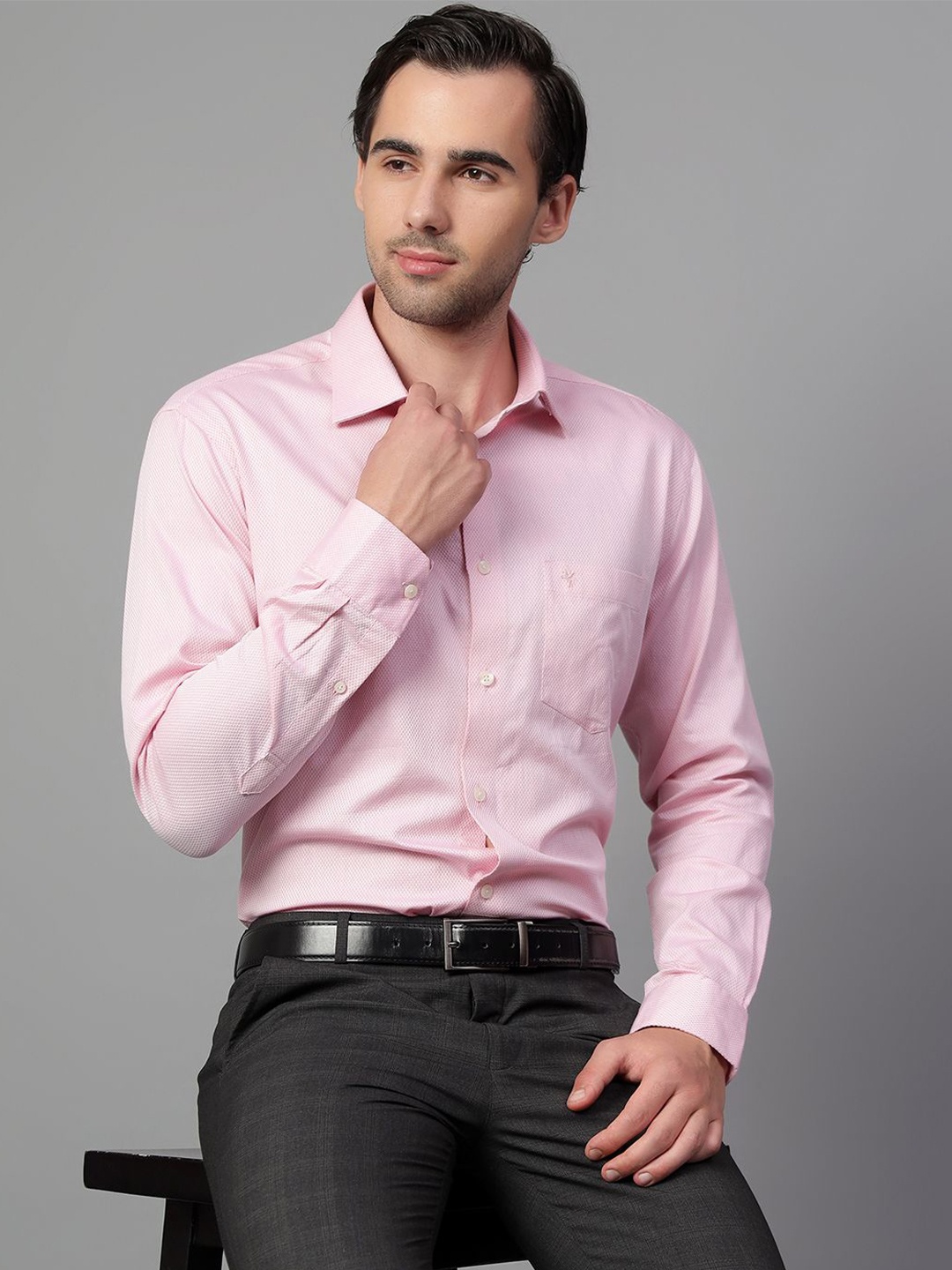 

Cantabil Men Spread Collar Textured Cotton Slim Fit Formal Shirt, Pink