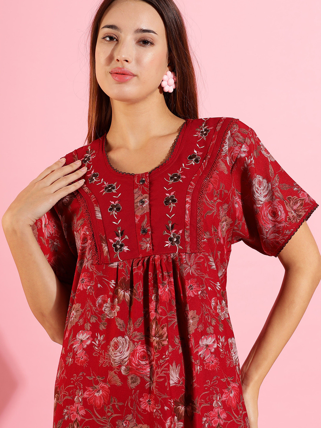 

9shines Label Women Embroidered Maxi Nightdress, Red