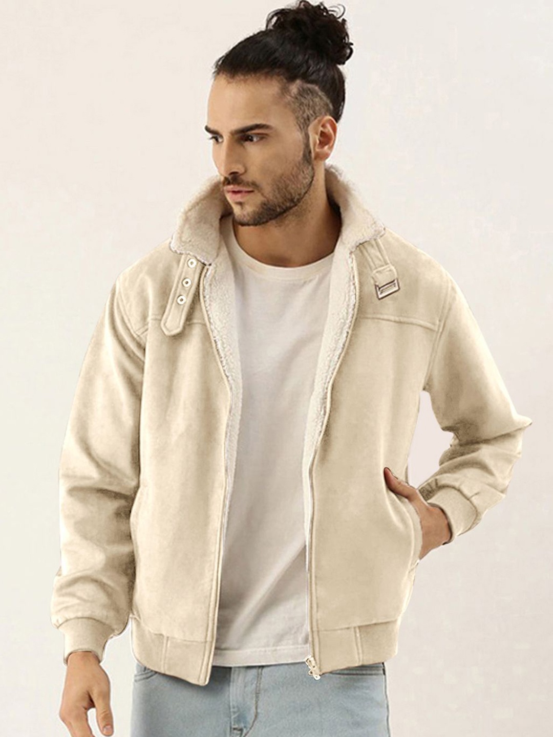 

Campus Sutra Men Mock Collar Solid Casual Bomber Jacket, Beige