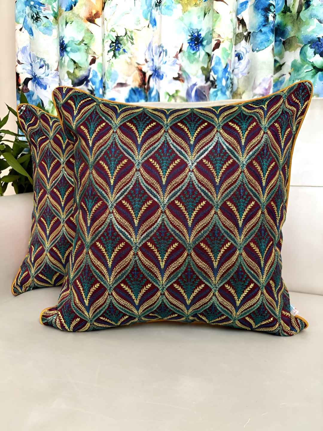 

TARA- Sparkling Homes Red Set of 2 Embroidered Square Cushion Covers