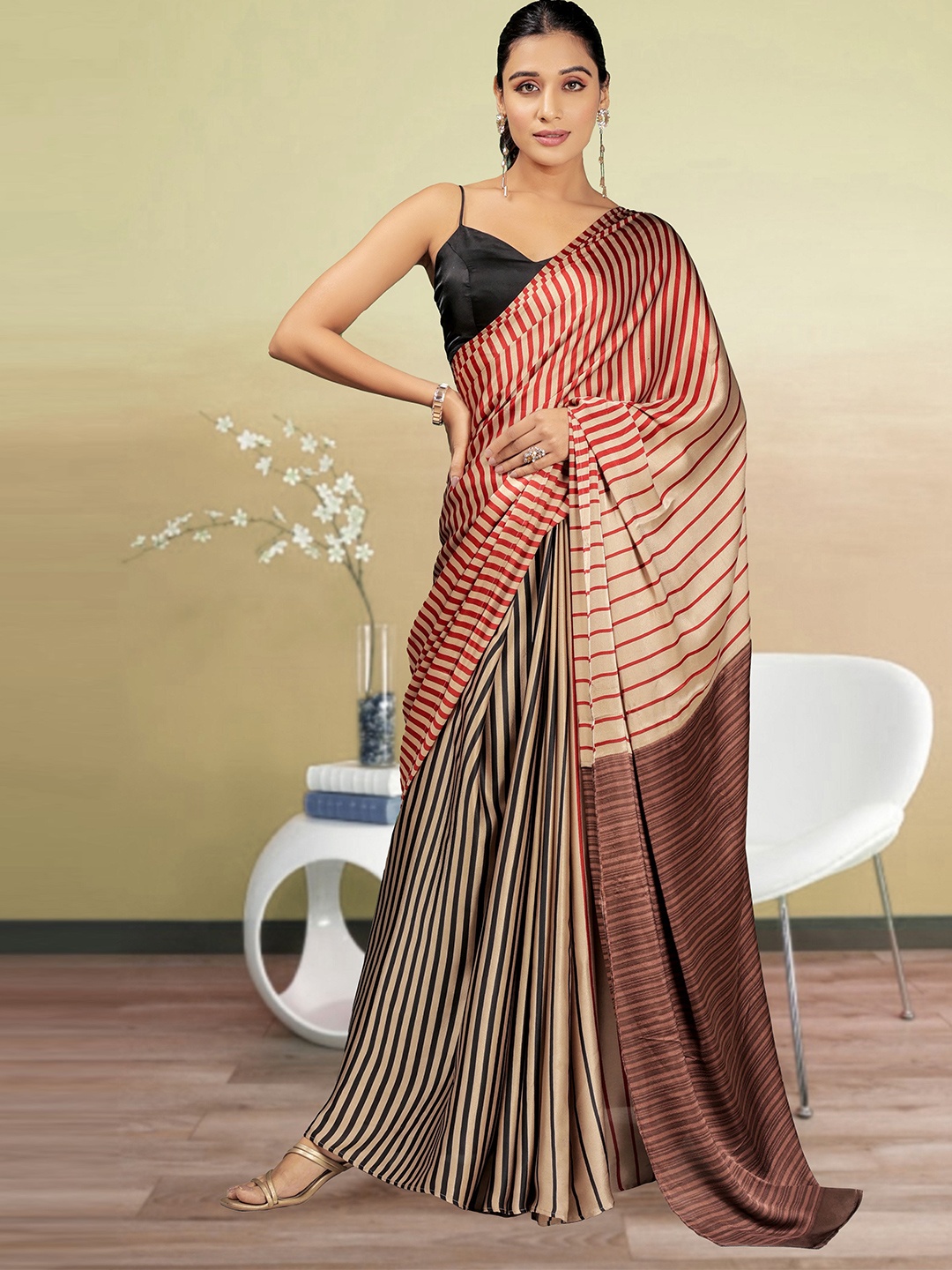 

RACHNA Striped Satin Ready to Wear Saree, Gold