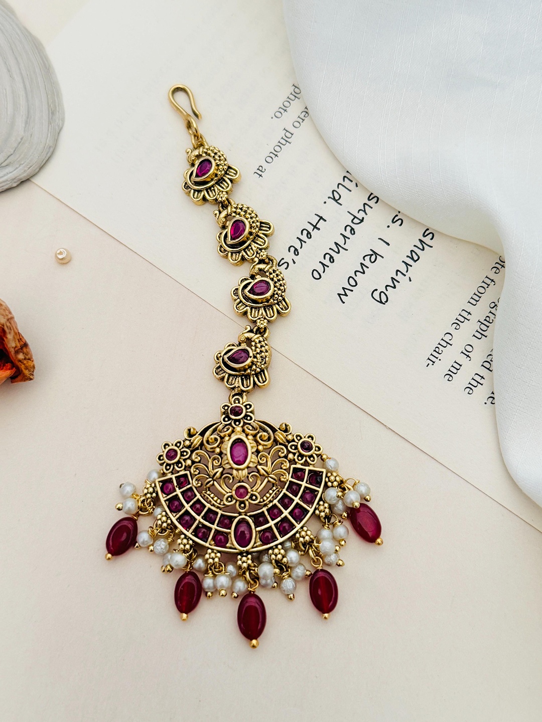 

ABDESIGNS Gold-Plated Stone Studded and Beaded Temple Maang Tikka