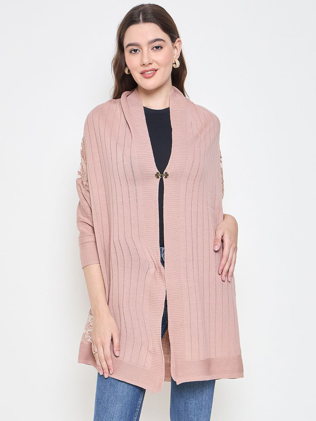

Knitstudio Floral Woven Design V-Neck Poncho Sweaters, Rose