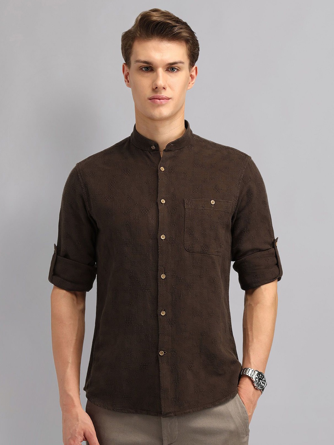 

AD By Arvind Men Mandarin Collar Textured Solid Cotton Slim Fit Casual Shirt, Brown