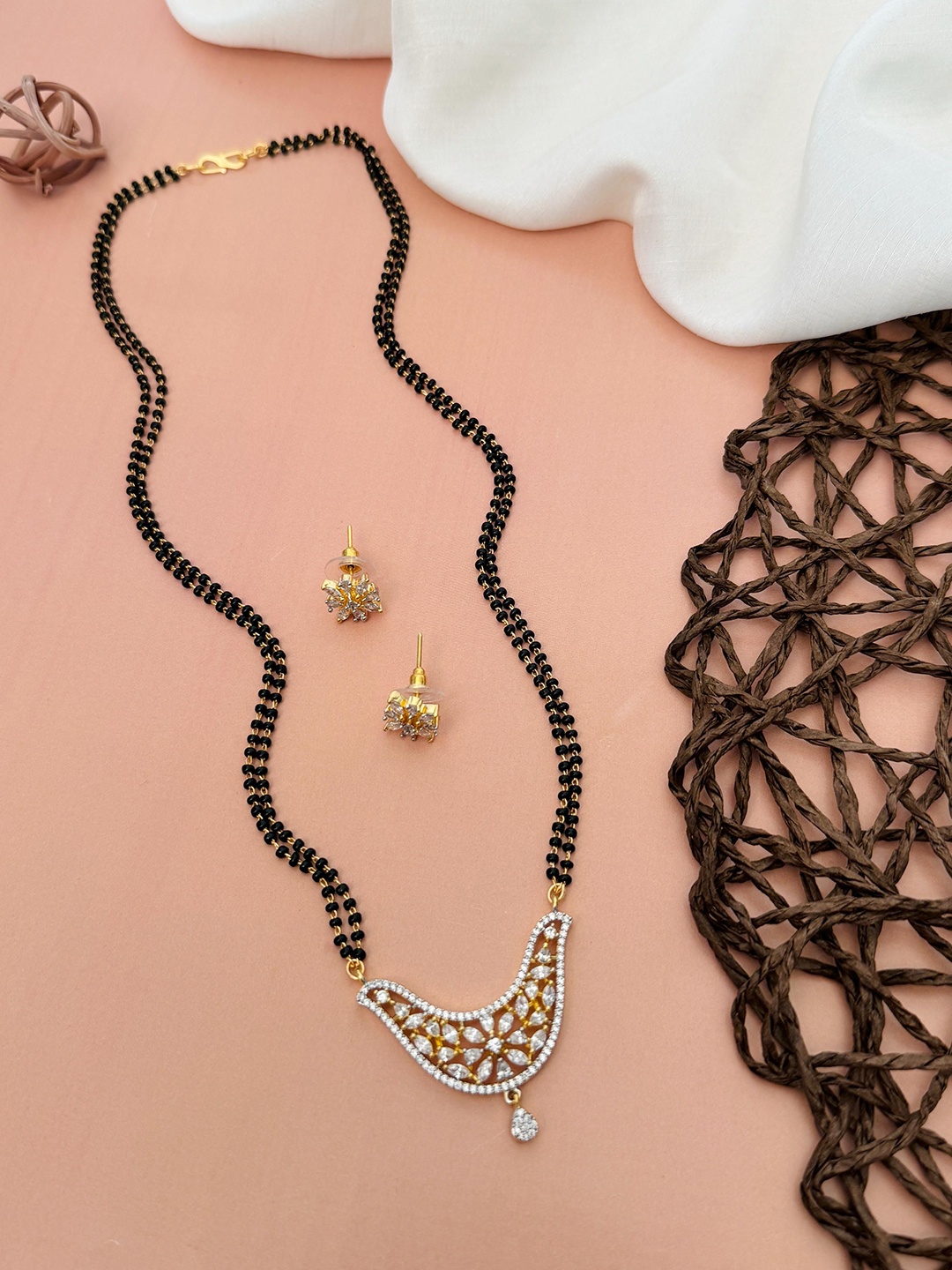 

ABDESIGNS Gold-Plated Artificial Stones and Beads Studded Mangalsutra With Earrings
