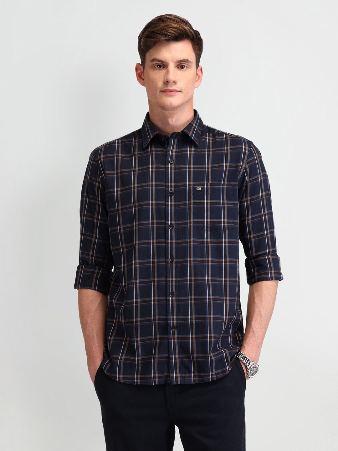 

Arrow Sport Men Manhattan Slim Fit Opaque Checked Casual Shirt, Navy blue